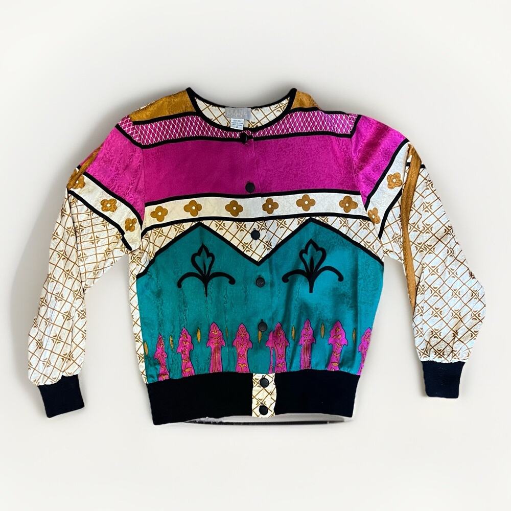 Vintage Diane Multicolor Silk Geometric Floral Blouse Women's 8 Button Up Rare